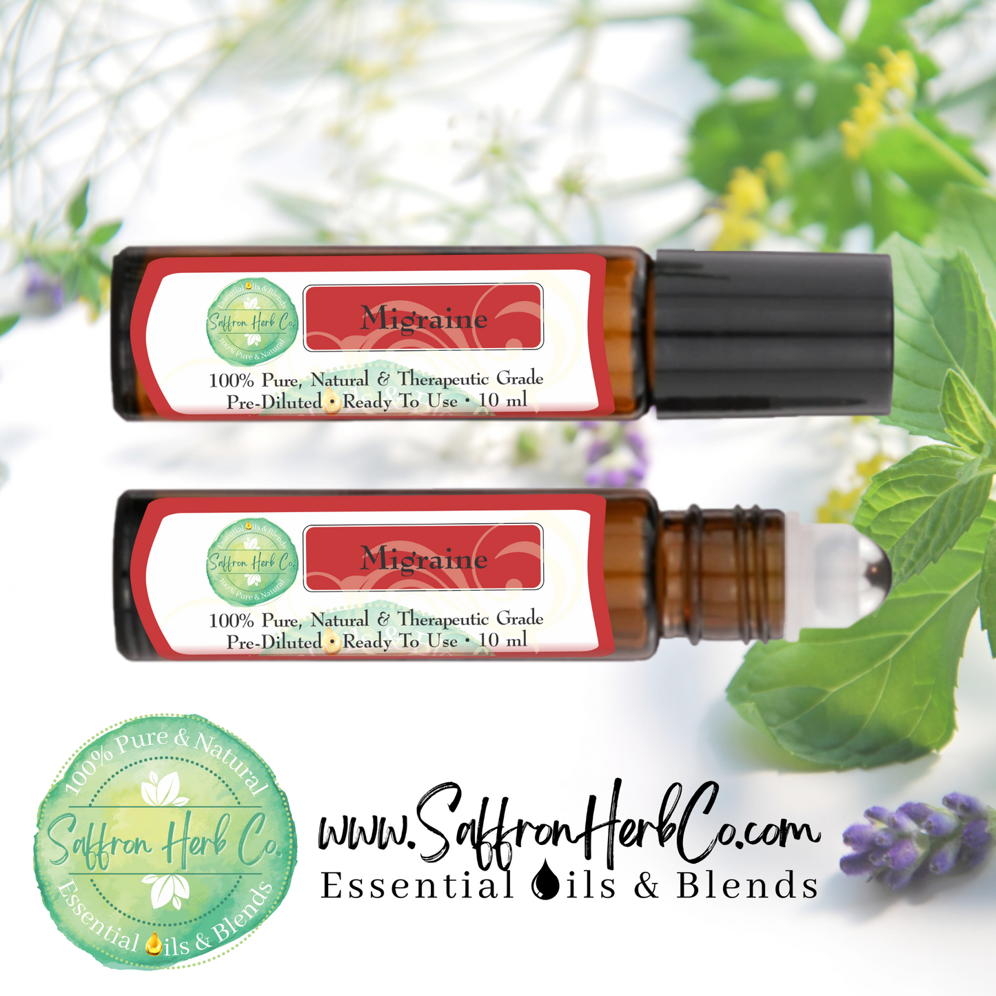 Migraine Essential Oil Roller Bottle Blend • 100% Pure & Natural • Pre-Diluted • Ready To Use